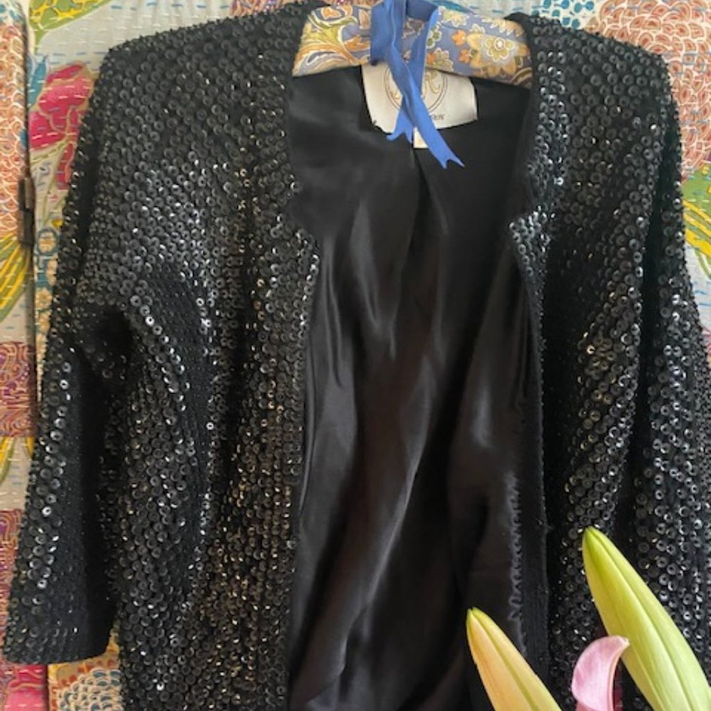Rachel Roy glam, sequined black cardigan sweater size Small
